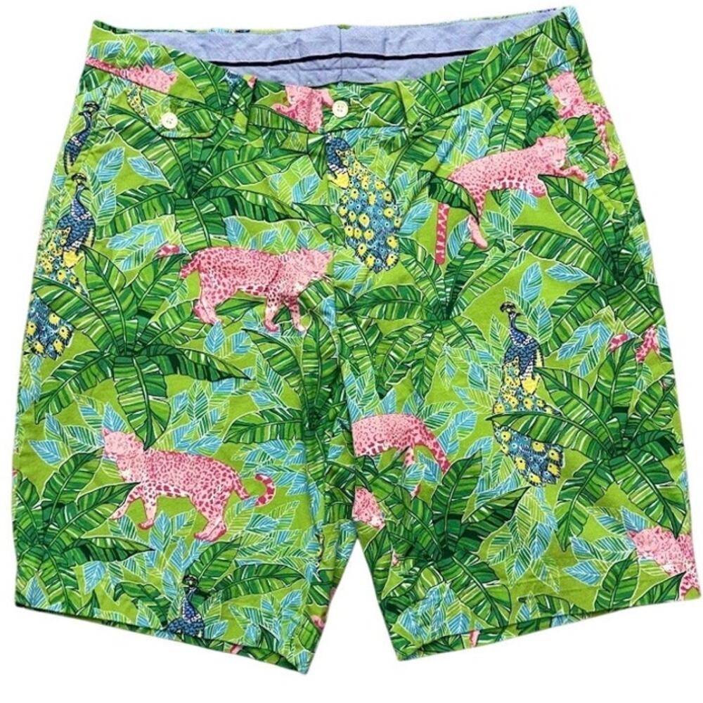 Polo Golf Ralph Lauren Green Jungle Print Pink Leopard Peacock Shorts 34